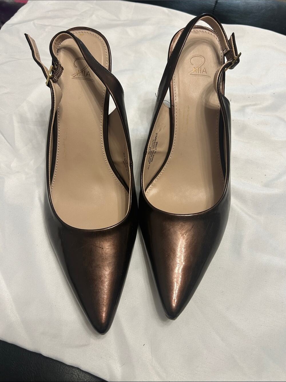 MIA Bronze Metallic Pointed-Toe Slingback Pumps